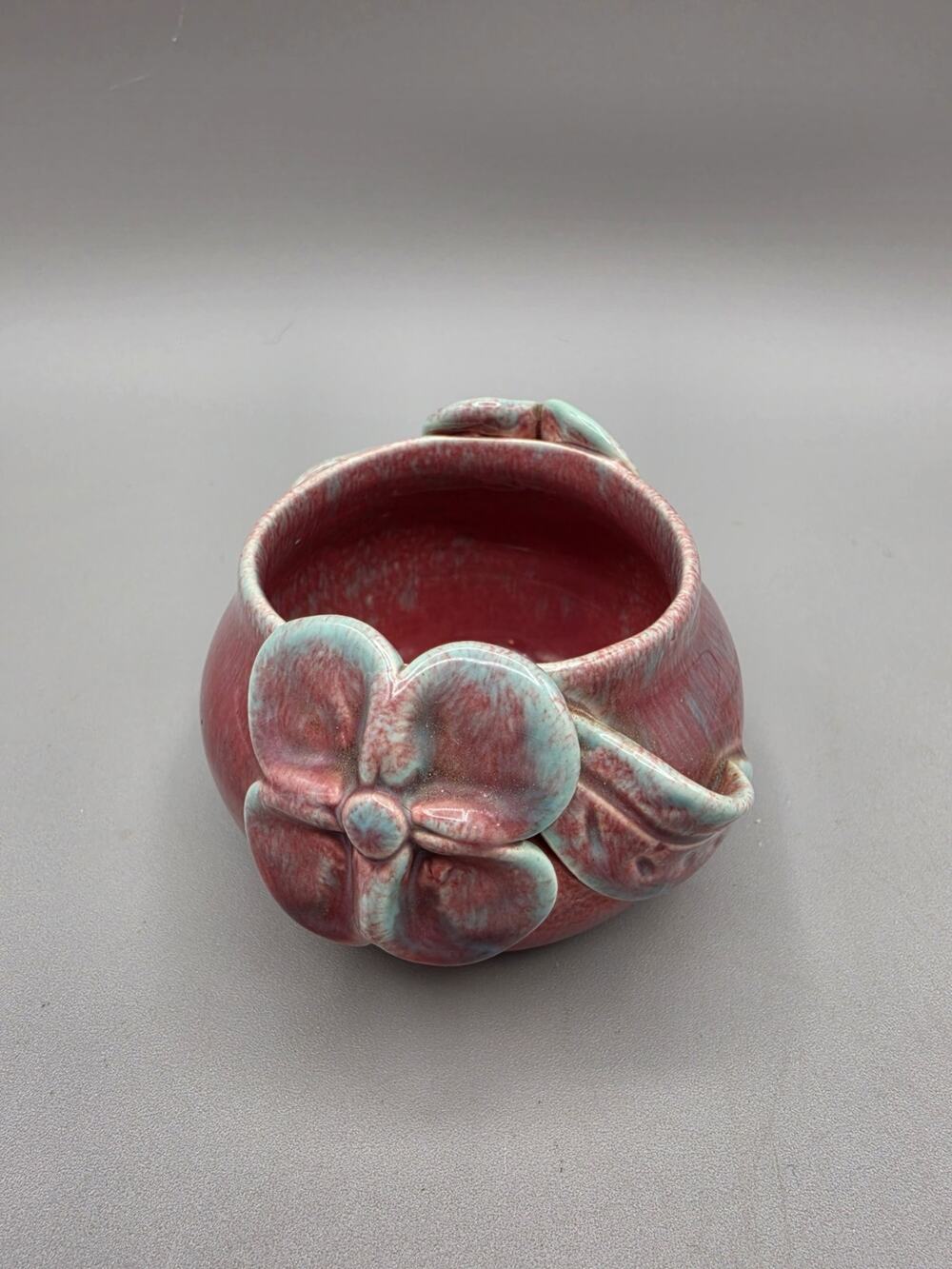 Antique KTK California Pink Blue Mini Planter Bowl Applied Flowers Drip Glaze